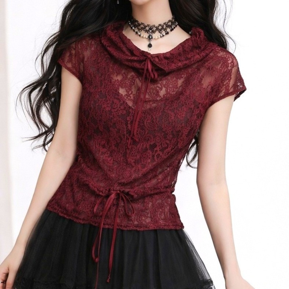 Michelle Mason Lace Blouse 6 Dark Red Cowl‎ Neck Sheer Whimsigoth Victorian Boho